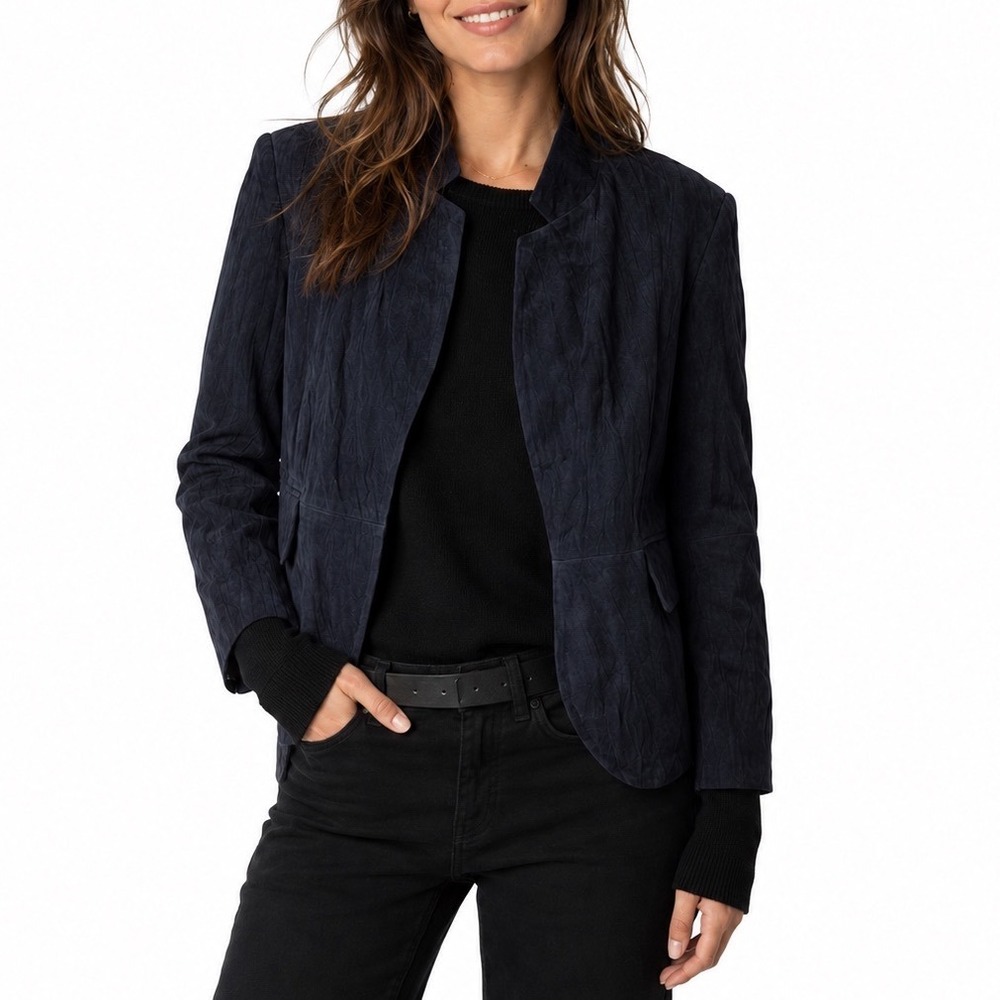 Zadig & Voltaire Verys Daim Crinkle Goat Suede Leather Jacket Navy Size 36 Small